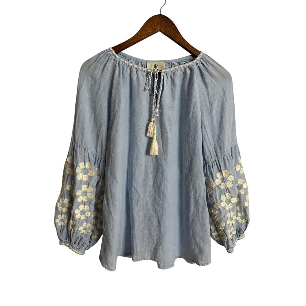 Benaras by Citrus Sienna 100% Linen Blouse size XS Embroidered Peasant Balloon